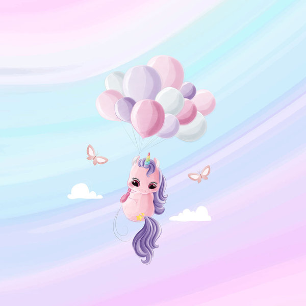 Lila Einhorn mit Luftballons